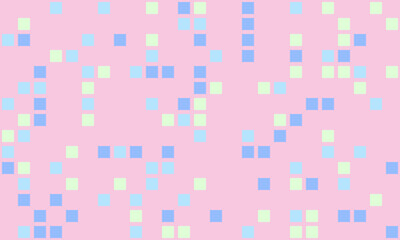 Abstract pastel pink background with scattered light blue and pale green squares.  Perfect for website banners, playful presentations, or childrens projects.