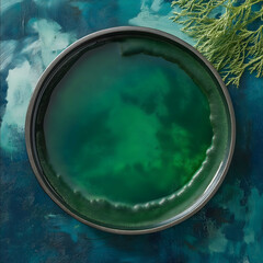 composition of a live pool of spirulina surrounded by vitality and well being