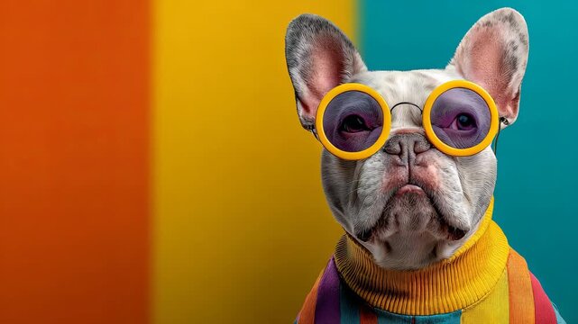 Stylish French Bulldog in Colorful Outfit and Glasses
