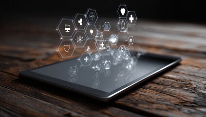 Tablet with medical icons hovering (1)
