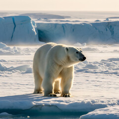 A magnificent white polar bear stands on a large block of ice in the snowy Arctic landscape