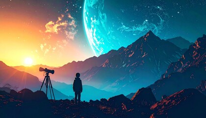 a small child who is interested in learning about outer space using binoculars and a globe 52