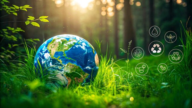 Globe on lush green grass with environmental icons and sunlight in forest – sustainability and nature conservation concept

