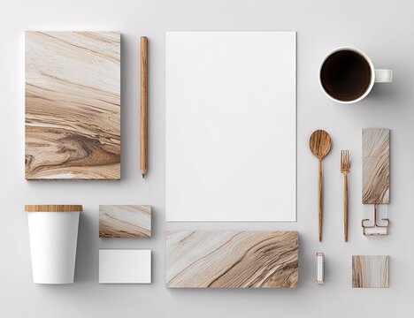 Flatlay of branding elements with a neutral, wood-toned aesthetic