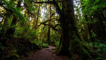 Obraz premium Lush, mossy forest path. Sunlight filters through the canopy