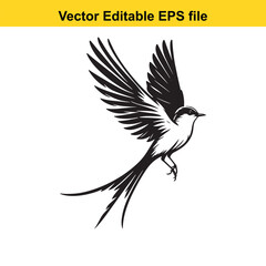 Fototapeta premium Vector art of black and white sketch of a small bird in flight with long tail feathers long horn, , long horn