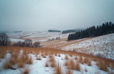 Gloomy winter day shows hills covered with dry grass and snow. Line of dark evergreen trees borders frosted field under hazy blue sky. Calm, cold landscape has yellowed grass stems and bare trees.