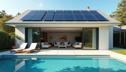 Modern house facade with solar panels on roof, powering heated swimming pool. Energy-efficient design, solar energy integration, luxury amenities, eco-friendly living emphasized. Home exterior with