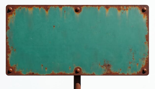Weathered green metal sign with rusted pole against white background. Rectangular plate shows grunge texture, aged patina, corroded iron surface. Blank template ideal for design, information, retro