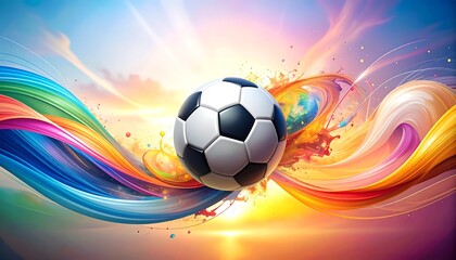 Colorful soccer ball amidst vibrant abstract swirls