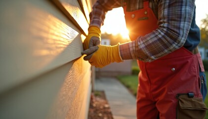 Fototapeta na wymiar Construction worker installing siding on a house during sunset. The worker wears yellow gloves and red overalls. Sunlight illuminates the exterior wall, highlighting the siding installation process.