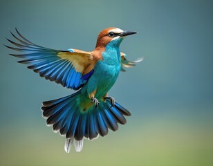 Obraz premium Vibrant lilac-breasted roller bird in mid-flight stunning blue, brown plumage. Wings spread wide, displaying intricate feather detail against soft green, blue gradient background. Creature natural