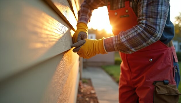 Construction worker installing siding on a house during sunset. The worker wears yellow gloves and red overalls. Sunlight illuminates the exterior wall, highlighting the siding installation process.