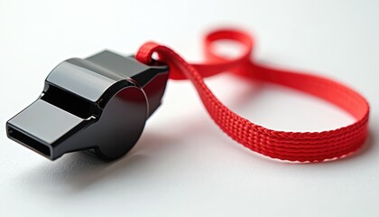 Black metal whistle with red lanyard isolated on white background. Classic sports accessory for referees, coaches in soccer, football, other games. Loud sound signal device for attention, commands.
