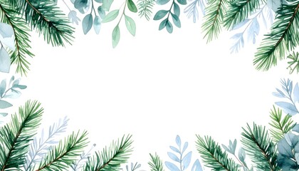 Minimal Winter Greens Frame. Abstract watercolor background frame