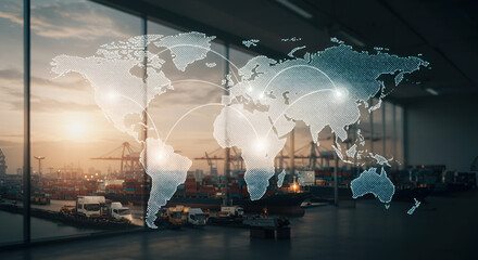 Optimizing global supply chain logistics with an advanced WMS, featuring a digital world map network over a busy shipping port viewed from a warehouse.