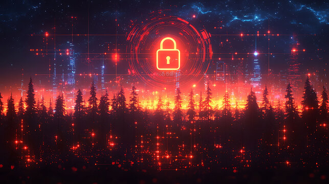 Cyberpunkstyle image depicting a glowing city skyline behind a dark forest, overlaid with a digital padlock icon and futuristic network lines. - Powered by Adobe
