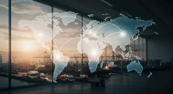 Optimizing global supply chain logistics with an advanced WMS, featuring a digital world map network over a busy shipping port viewed from a warehouse.