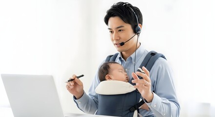 A young Asian man wearing a headset and carrying a baby in a baby carrier, working on a laptop in a bright, well-lit office with a white background.