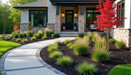 Fototapeta premium Modern home exterior features curved walkway leading to entrance. Landscaping includes green grass, dark mulch beds, ornamental grasses, shrubs, vibrant red Japanese maple tree. Stone accents on