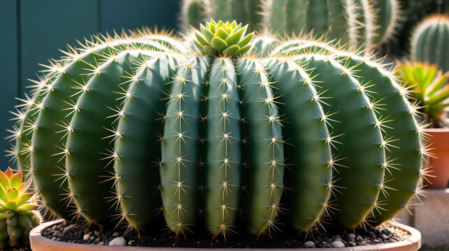 Green rounded cactus with concave top resembling a bucket mouth, succulent, green, nature