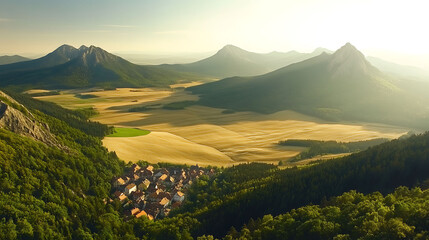 Obraz premium Stunning aerial view of a picturesque village nestled in a valley between majestic mountains.