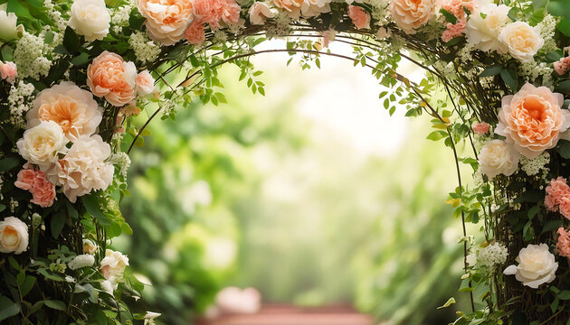 Romantic floral archway overflowing with peach and cream roses  greenery, set against a softly blurred garden backdrop. Ideal for wedding, event, or romantic themed projects.