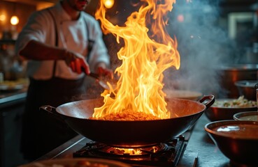 Professional chef cooks with high flames in wok station at restaurant kitchen. Culinary masterpiece, preparing Asian stir fry food in hot pan. Gastronomy, delicious meal preparation with cooking