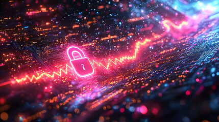 Cybersecurity concept Glowing padlock icon on a vibrant digital circuit board background.  Perfect for illustrating data protection, online security, or technological innovation.