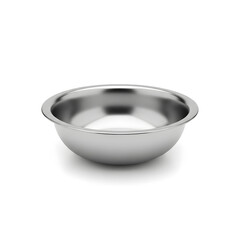 An empty, round, stainless steel mixing bowl isolated on a plain white background.