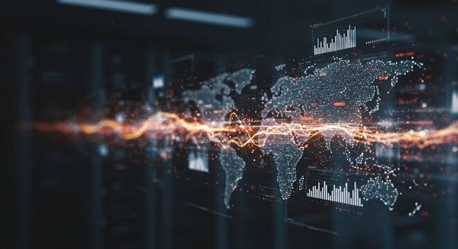 Advanced WMS technology featuring a futuristic holographic world map, visualizing global supply chain data and logistics analytics for efficient warehouse management.