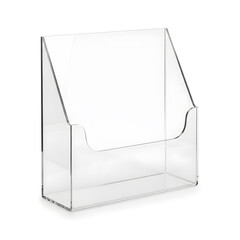 An empty, clear acrylic brochure holder or leaflet dispenser for wall mounting, isolated on a white background.