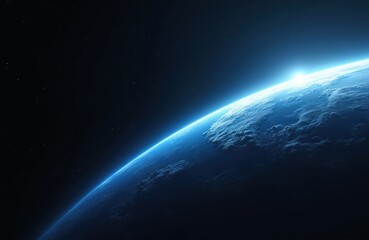 Obraz premium Abstract blue gradient space background with glowing light beam over planet Earth. Dark atmosphere, vast cosmos with stars, earth shadow creates deep, cosmic feel. Ideal for design, banner, wallpaper