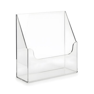 An empty, clear acrylic brochure holder or leaflet dispenser for wall mounting, isolated on a white background.