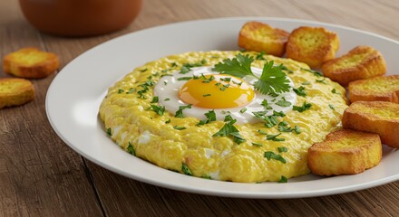 "Creamy Scrambled Eggs with Fried Bread and Fresh Herbs on Rustic Plate"