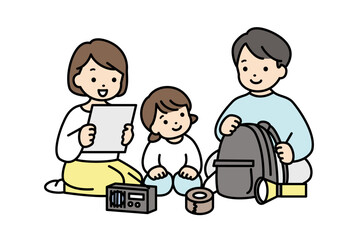 地震に備えて非常用持ち出し袋の準備をする家族