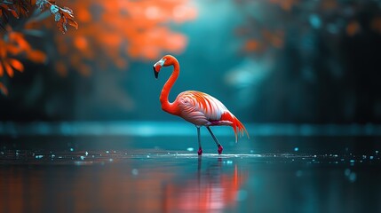 Solitary Flamingo's Radiant Glow in a Surreal Teal and Orange Pond