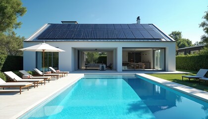 Modern house facade integrates solar panels with energy-efficient heated pool. Luxury home advanced renewable energy integration, conservation. Estate features architecturally sleek design,