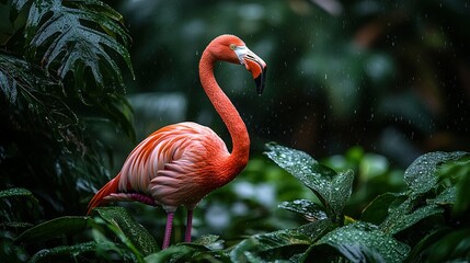Fototapeta premium Elegant Flamingo in Rain: Lush Greenery, Vibrant Colors, Serene Atmosphere.