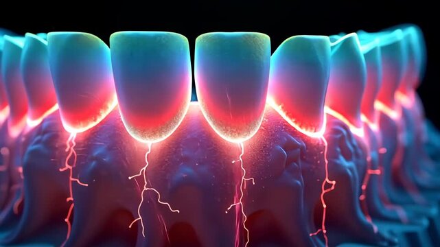 teeth scan, dental imaging, enamel health. Oral hygiene. Enamel density increases fracture resistance. Dental nerves sense temperature changes. 3D dental render visualizes gum health.