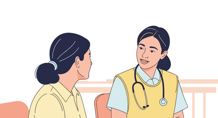 Fototapeta premium An illustration depicts a caring female doctor with a stethoscope discussing health concerns with a female patient in a medical consultation setting, promoting wellness.