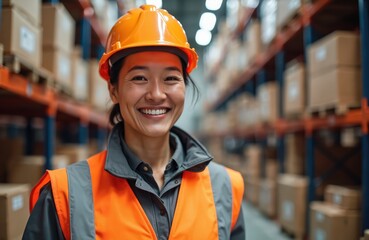 Joyful middle-aged female warehouse worker smiles confidently, wearing hard hat, safety vest. Works in logistics facility with rows of shelved boxes, embodying dedication, positive workplace