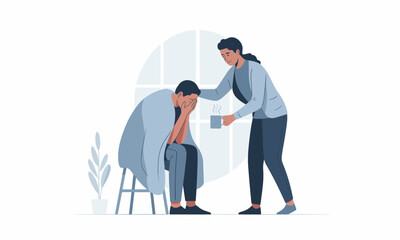 A compassionate person offers gentle support and comfort to a sad individual wrapped in a blanket, illustrating emotional care.