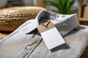Blank price tag attached to a folded gray textured shirt on a wooden table, ideal for showcasing branding, fashion label design, or retail identity concepts