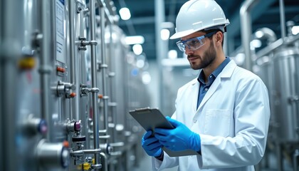 Scientist in lab coat, hard hat, safety glasses checks industrial equipment. Focus on precision, safety, modern production, quality control, and scientific research documentation.