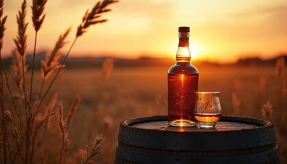 Amber whiskey bottle and glass sit on wooden barrel. Golden sunset light illuminates the scene. Dry grass stalks frame the view. A classic beverage presentation, embodying tradition and refined taste.