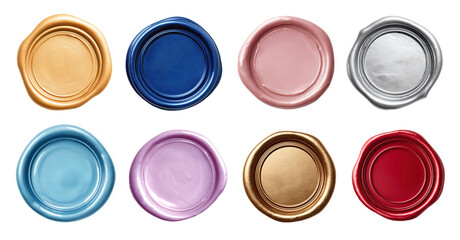 Set of colorful wax seal mockups in various metallic and glossy finishes, including gold, blue, pink, silver, red, lilac, and more