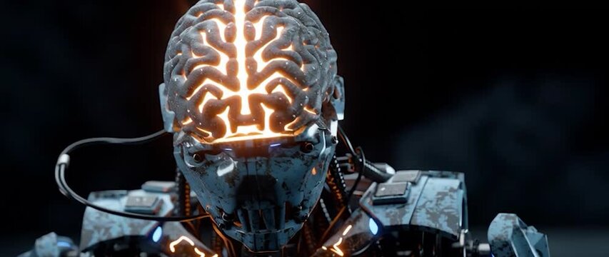 Anamorphic video Futuristic Robot with Artificial Intelligence Brain Glowing. Perfect for projects on technology, AI, science fiction, and machine learning.