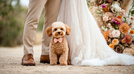 Cute Maltipoo dog wearing a pink bow tie standing between bride and groom at an outdoor wedding, surrounded by soft florals and a romantic atmosphere