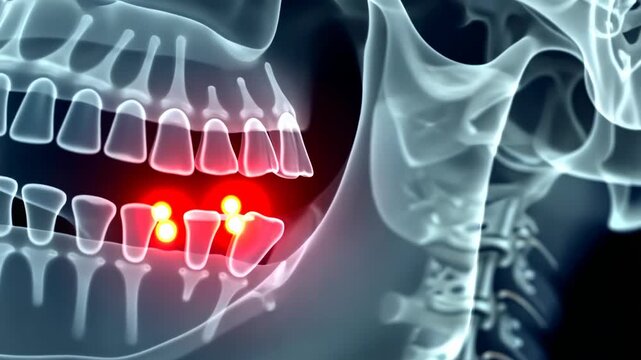 x-ray scan, jaw pain, tooth inflammation. Dental health. Sinuses clear during infections. Gum disease affects molar stability. 3D medical render shows bone details.
